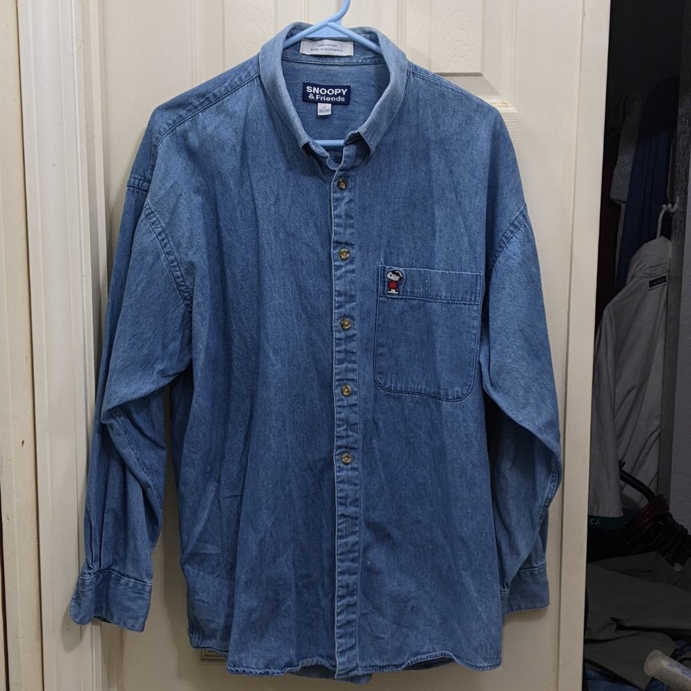 Snoopy And Friends Peanuts Denim Button Down Shirt Me… Gem